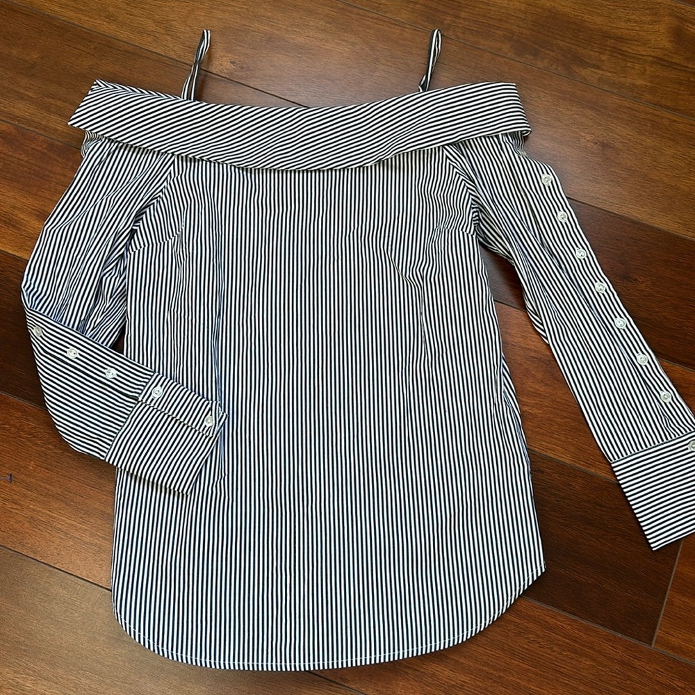 Anthropologie Black and White Striped Off-Shoulder Blouse